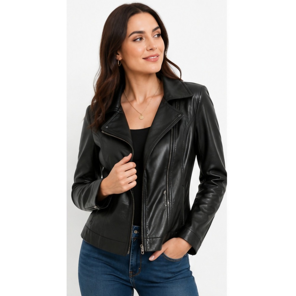 Q.U.E Genuine Leather Asymmetrical Moto Jacket Women's Small Black Zip Front